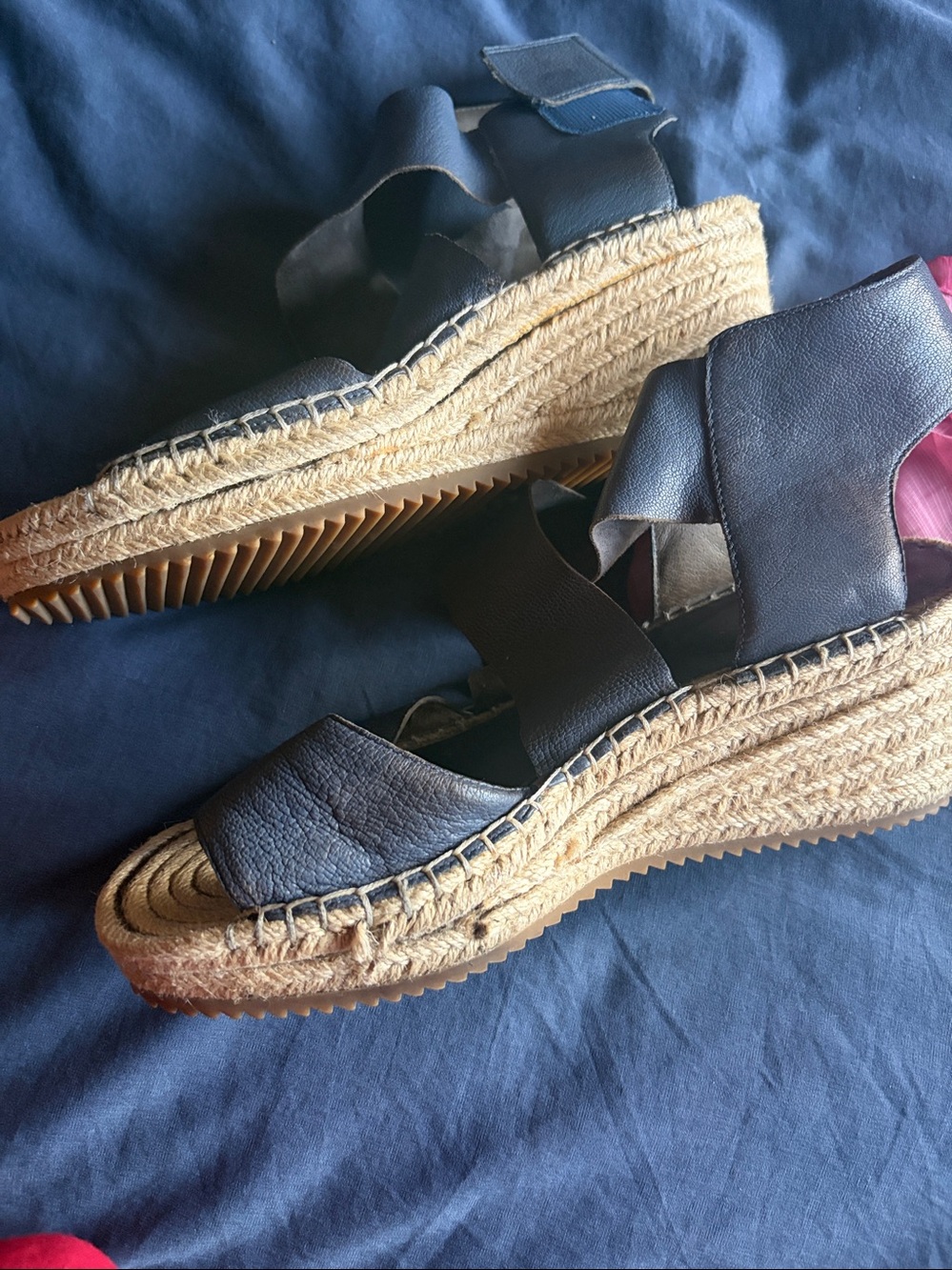 Eileen Fisher Navy Blue Leather Espadrille Wedge Sandals - Picture 8 of 8
